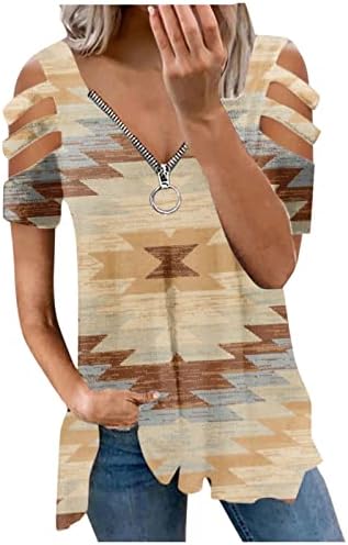 כתף קרה של נשים שרוול קצר צמרות זורמות רוכסן נ 'צוואר צמרות קיץ רופפות חולצות טוניקה מודפסות אתניות חולצות טוניקה