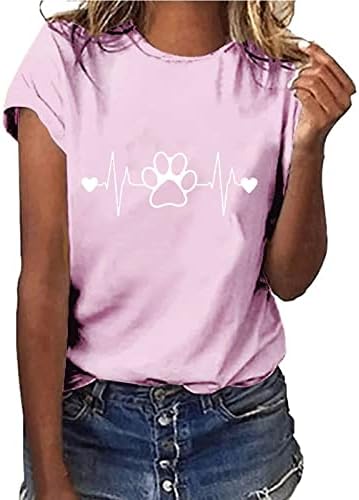 חולצת ולנטיין לנשים כלב חמוד כפה דפסת פעימות דפיסת טריקו אופנה רופפת צמרות שרוול קצר