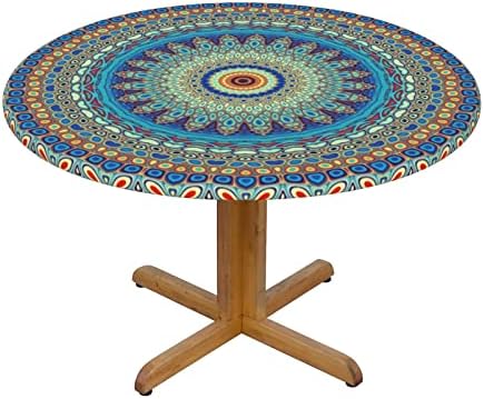 QALFKAD MANDALA מופשט אמנות עגול שולחן מצויד עם עיצוב קצה אלסטי, כיסוי שולחן אטום למים רטרו לעיצוב פטיו