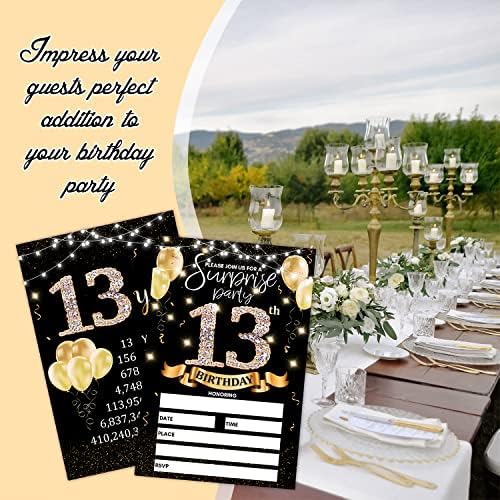 כרטיס הזמנה למסיבת יום הולדת 13 - זהב שחור מזמין עם הדפסת שלטי יום הולדת על הזמנת מילוי דו צדדי אחורי