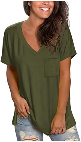 2023 בגדים כותנה נגד צוואר טרקלין בסיסית חולצה עליונה לבנות חולצה עם שרוול קצר חולצה קיץ סתיו נשים עם כיסים fn