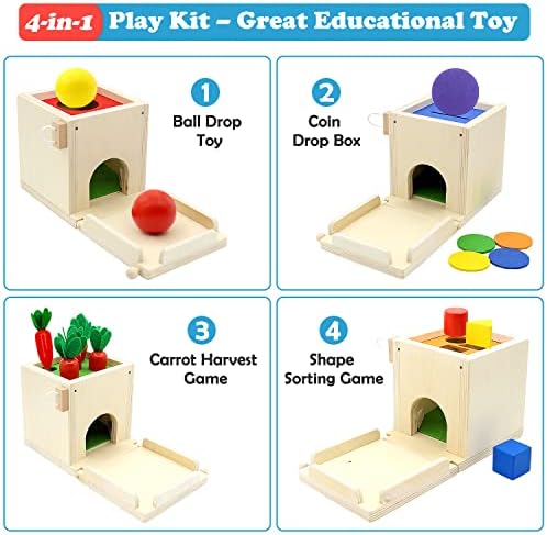 Qizfun 4-in-1 מעץ מעץ Montessori Toy Play ערכת משחק קופסאות קביעות סט עם קופסת מטבעות, קציר גזר, סדר