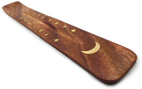 מחזיק קטורת של ירח וכוכבים - לוכד אפר מעץ עם עיצוב שמימי למקלות קטורת בודדים - אביזרי מדיטציה, תפאורה רוחנית,