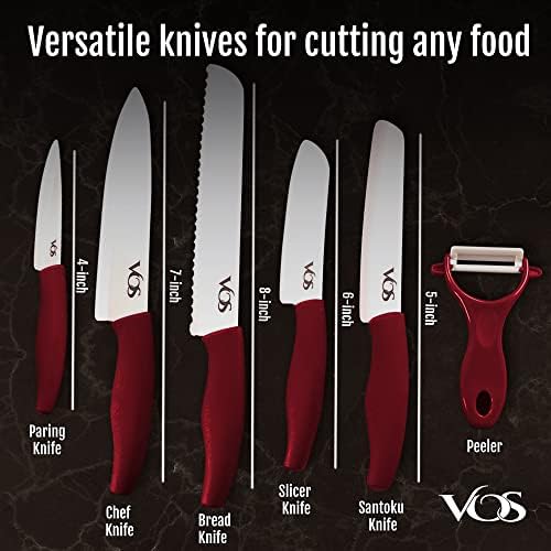 ווס אוניברסלי סכין בלוק קרמיקה סכיני מטבח עם קולפן, קרמיקה קילוף סכין 4, 5, 6, 7, 8 אינץ ' אדום