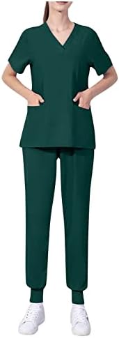 אצן סקראבס לנשים סטים מוצק צבע צווארון רפואי נרזה יוניפרום לשפשף למעלה ושרוך מכנסיים