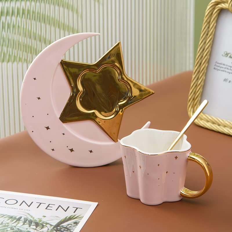 כוכב קרמיקה יצירתי כוס קפה ירח כוס צלוחית עם כף ידית זהב ספל אחר הצהריים כוס תה מיץ מיץ מים כוס כוס מתנה