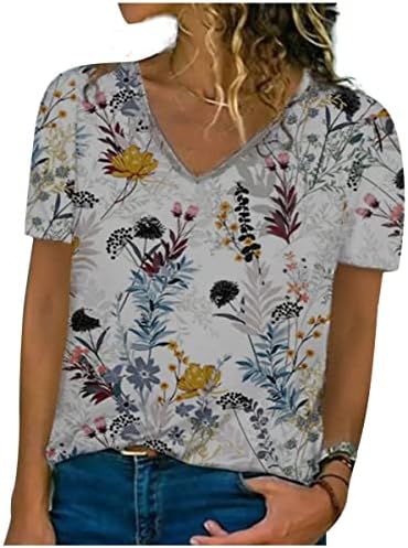 NXXYEEL 2022 חולצת טריקו לנשים קיץ נ 'צוואר פרחוני פרחוני מודפסים חולצות שרוול קצר