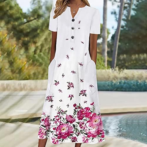 שמלות קיץ לנשים 2023 כפתור צווארון מזדמן שמלת שרוול קצר שמלת מקסי חופשה מודפסת פרחונית עם כיסים