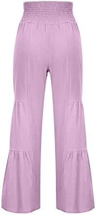 מכנסי רגל רחבים של Ozmmyan לנשים מותניים מזדמנים מותניים אלסטיים רצועות רצועות צבע אחיד פרוע מכנסיים