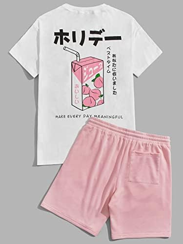 NIBHZ תלבושות שני חלקים לגברים גברים משקאות ומכתב יפני טי גרפי ומכנסי מותניים משוררים