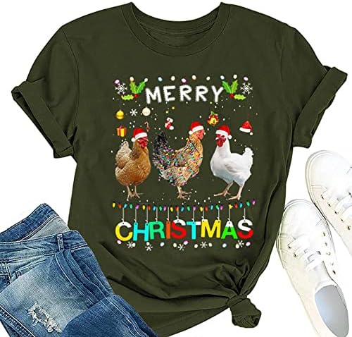 חולצות חג מולד מצחיקות לנשים תרנגול מצחיק טיז גרפי צוואר צווארון שרוול קצר חולצה לחופשת חולצה לחופשה