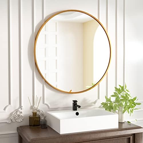 עגול מראה 18 זהב קיר רכוב מעגל מראות מראת איפור עם מוברש אלומיניום סגסוגת מסגרת מודרני קישוט לאמבטיה,
