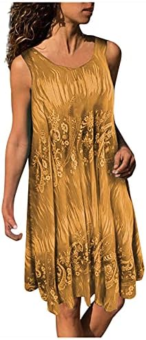 שמלת טנק צוואר צוואר של SCOOP לנשים שמלת נדנדה ללא שרוולים מודפסים ללא שרוולים קפלים שמלת טוניקה
