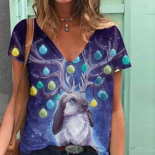 צמרות קיץ נשים 2023 חולצת טריקו של פסחא ארנב חמוד שרוול קצר טוניקה V צוואר חולצות רופפות טיז מזדמן חולצת חולצה