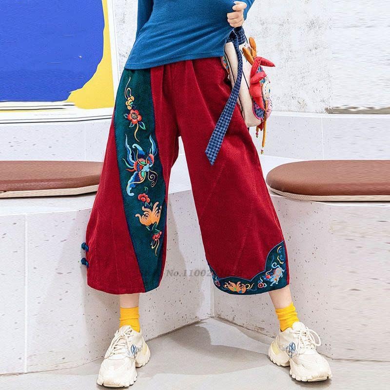 פרח קורדרוי לאומי רקום נשים סיניות מסורתיות מכנסי רגל רחבים מכנסיים מזרחיים צבע 1 S