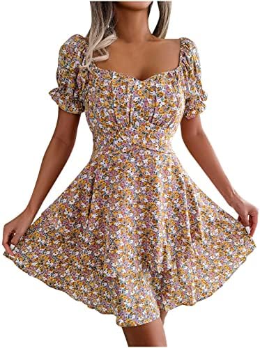 שמלות מיני של HCJKDU לנשים שרוול מרובע שרוול קצר הדפס פרחוני קיץ שמלה קצרה נדנדה זורמת שמלת חוף מזדמנת