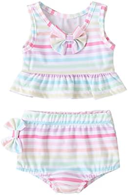 יילוד בגד ים בנות שתי חתיכה ראפלס קשת פסים מודפס בגד ים תינוק בנות קיץ ביקיני ילדה טנקיני
