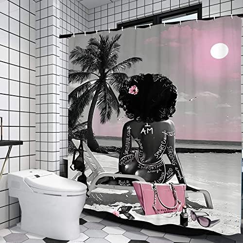 טייקשה אפרו -אמריקני וילון מקלחת אופנה ילדה שחורה וילון עץ דקל טרופי וילון מקלחת אטום מים עמיד למים קישוט