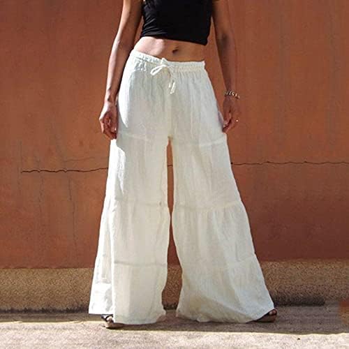 מכנסי פשתן קיץ קלים שורשים משקל קלים לנשים המותניים אלסטיים מכנסי רגל רחבים