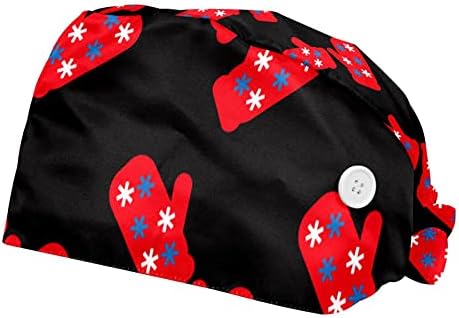2 חבילות חמודות חג מולד שלג כובעי עבודות רקע אדום עם רצועת זיעה לנשים, כובע טורבן לשפשף בופנט