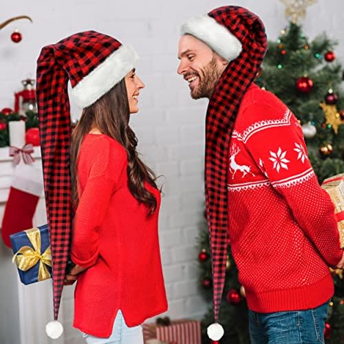 5 רגליים ארוך במיוחד סנטה כובע למבוגרים, אדום באפלו משובץ חג המולד כובעי יוניסקס לעבות קטיפה ארוך חג המולד חג