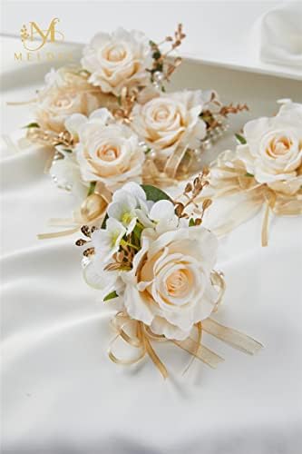 מלדל שמפניה שורש כף היד לחתונה, סט של 6, פרחי שורש כף יד פרחים לנשף לאם לחתן ולחתן, פרח שורש כף היד לרוזה