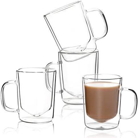 ספל קפה מבודד מטבח 8 עוז-כוס קפה זכוכית קיר כפול עם סט ידית של 4-כלי שתייה מזכוכית שקופה לאספרסו קפוצ ' ינו, לאטה