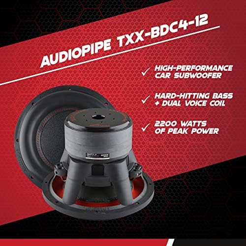 Audiopipe TXX-BDC4-12 12 אינץ '2,200 וואט ביצועים גבוהים עוצמתית 4 אוהם DVC רכב רכב רכב רכב רמקול ומערכת רמקול,