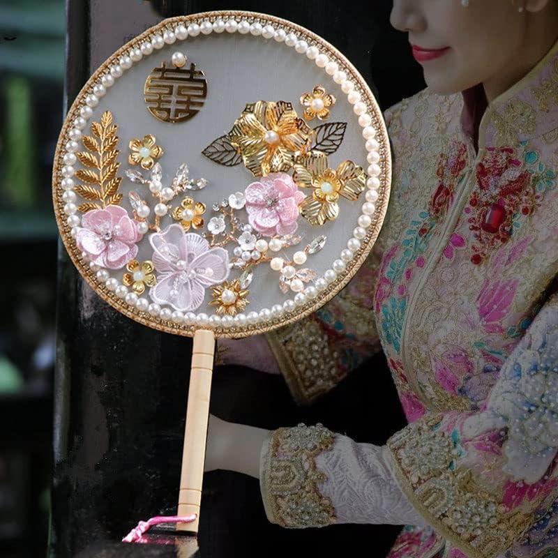 Jkuywx קשר סיני פרחים ורודים מאווררי כלה חרוזים פרל גביש עלה זהב תחפושת עתיקה תלבושת עגולה כלה