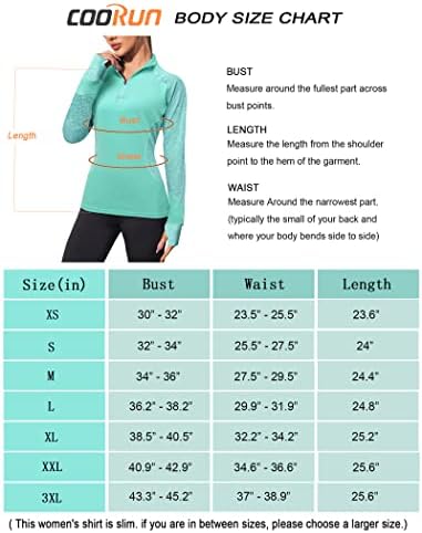 חולצות נשים של COORUN שרוול ארוך 1/4 סוודר רוכסן טיולים רגליים אתלטים פועל אימון חולצה יבש מהיר עם חור אגודל