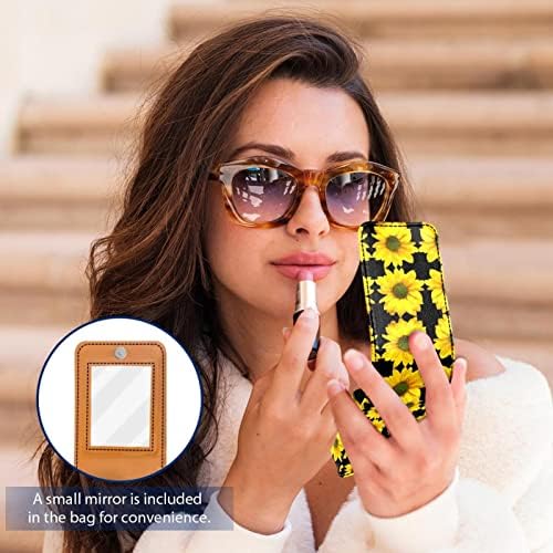שפתון מקרה קטן צהוב חמניות פרחוני דפוס שחור מיני שפתון מחזיק ארגונית תיק עם מראה עבור ארנק נסיעות
