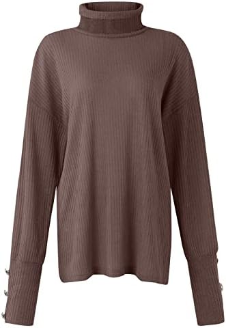 חולצות T Nokmopo לנשים לנשים צוואר גולף הנשים העליון כפתור סוודר רופף כלפי מעלה שרוול ארוך בצבע אחיד