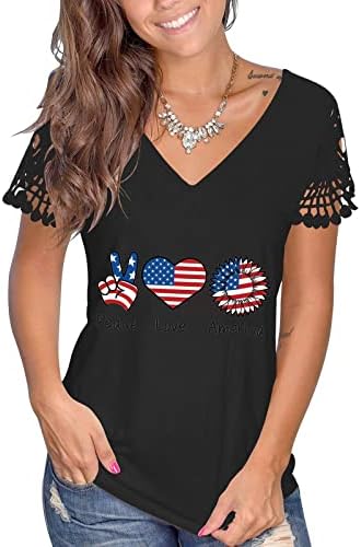 תחרה אלגנטית לנשים שרוול קצר חולצה קיץ v צוואר דגל אמריקאי חולצה חולצות מודפסות