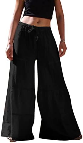 קיץ מזדמן כותנה פשתן מכנסיים לנשים בבאגי רחב רגל מכנסיים גבוהה מותן ארוך מכנסיים עם כיסים נוח מכנסי