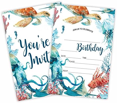 הזמנה למסיבת יום הולדת, נושא האוקיאנוס הזמנה כרטיסים （20 ספירת) עם מעטפות, חיות ים ממלאות כרטיסי הזמנה בסגנון