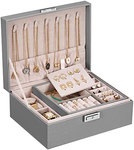 קופסת תכשיטים בוישום, ארגון תכשיטים קופסא לנשים בנות, 2 קופסאות תכשיטים שכבות עם 2 מארז שעון מגש נשלף, מארז אחסון