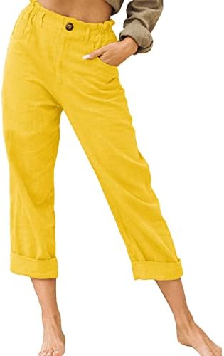 מכנסי פשתן קיץ לנשים רול רול קצוץ מכנסי טרנינג רגל רחבה