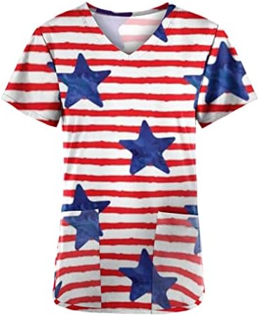 צמרות קרצוף 4 ביולי לנשים ארהב דגל הדפס חופשה סיעוד עליונה של חולצות יום עצמאות אמריקאיות עם כיסים
