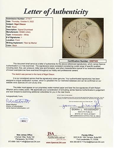 נייג 'ל אולסון חתם חתימה 14 שלב בשימוש תוף עם מקורי אמנות סקיצה ג-ג 'יימס ספנס מכתב של אותנטיות