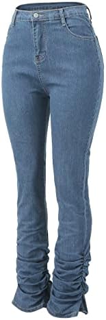 Miashui נשים מתלקחות חותלות לנשים אופנת חורף מזדמן מותניים גבוהים בצבע אחיד ג'ינס מותניים אלסטיים מכנסי
