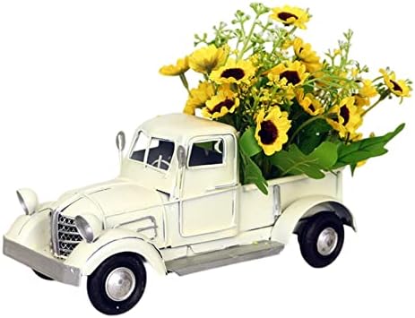עיצוב חג מיני משאית מתכתית לבנה עם פרחים מגש שכבי דקור מגש דקור מגש וינטג 'משאית צהובה
