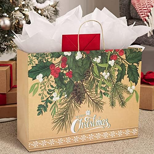 12 שקיות נייר מתנה גדולות במיוחד לחג המולד בתפזורת עם ידיות ו 60 תגי מתנה לחג המולד של 60 עיצובים