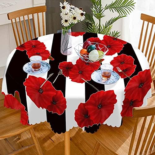 שחור לבן פס שולחן בד אדום פרח פרג עלה כותרת בלום בהיר צבע טבע צמח עגול מפת שולחן 60 אינץ עבור אוכל חדר, מסיבה,