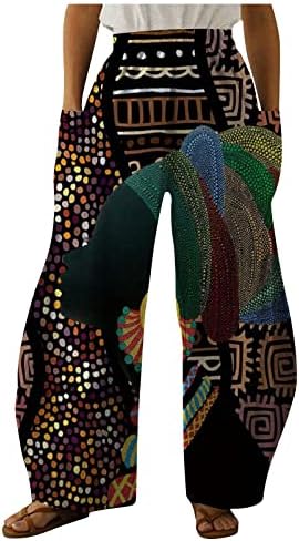 מכנסי Ndvyxx לנשים מותניים אלסטיים כותנה רחבה ומכנסי פשתן מכנסיים כיסים של טרקלין מודפסים מזדמנים ...