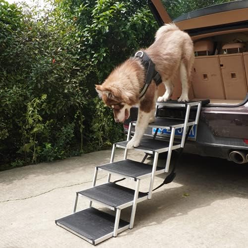 פטשוג 6 מדרגות אלומיניום מדרגות רמפה לחיות מחמד יציבות לכלבים גדולים, מדרגות כלבים קלות משקל מתקפלות עם