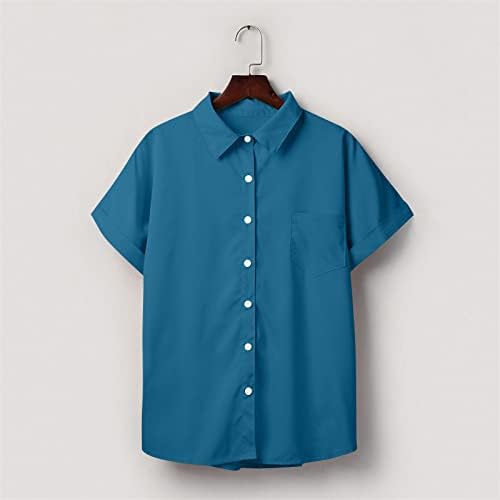 נשים כפתור למטה דש חולצות קיץ קצר שרוול חולצות מקרית מוצק צבע חולצות טרנדי בסיסי חולצה עם כיס
