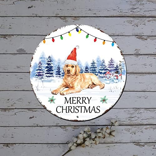 חג מולד שמח שלט כלב כלב כובע סנטה כובע מתכת עגולה שלט פח קישוטים לחג המולד שלטי פח מסוגננים במצוקה