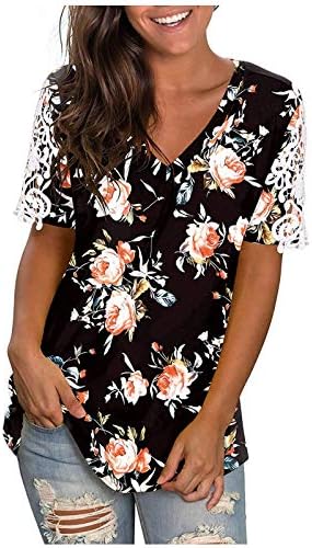 חולצות צוואר נשים חולצות פרחים מודפסים שרוול קצר טוניקה טוניקה תחרה תחרה טי קיץ צמרות חולצה
