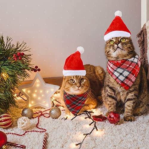 8 חתיכות חג המולד כלב חתול סנטה כובעי בנדנות משולש כלב ליקוק מטפחת באפלו משובץ פתית שלג בנדנות חג המולד חג