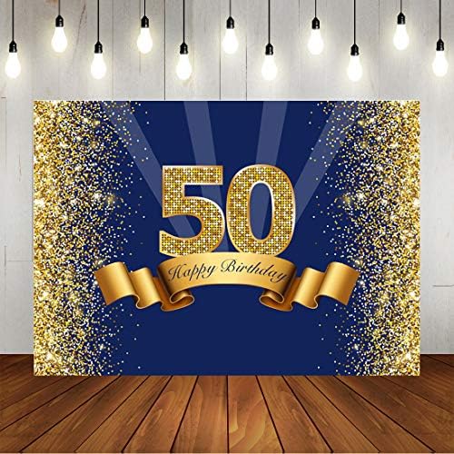 תפאורת יום הולדת 50 שמח כחול כחול וצילום זהב נצנצים רקע מבוגר מבוגר גברים מבוגרים בגיל חמישים קישוטי